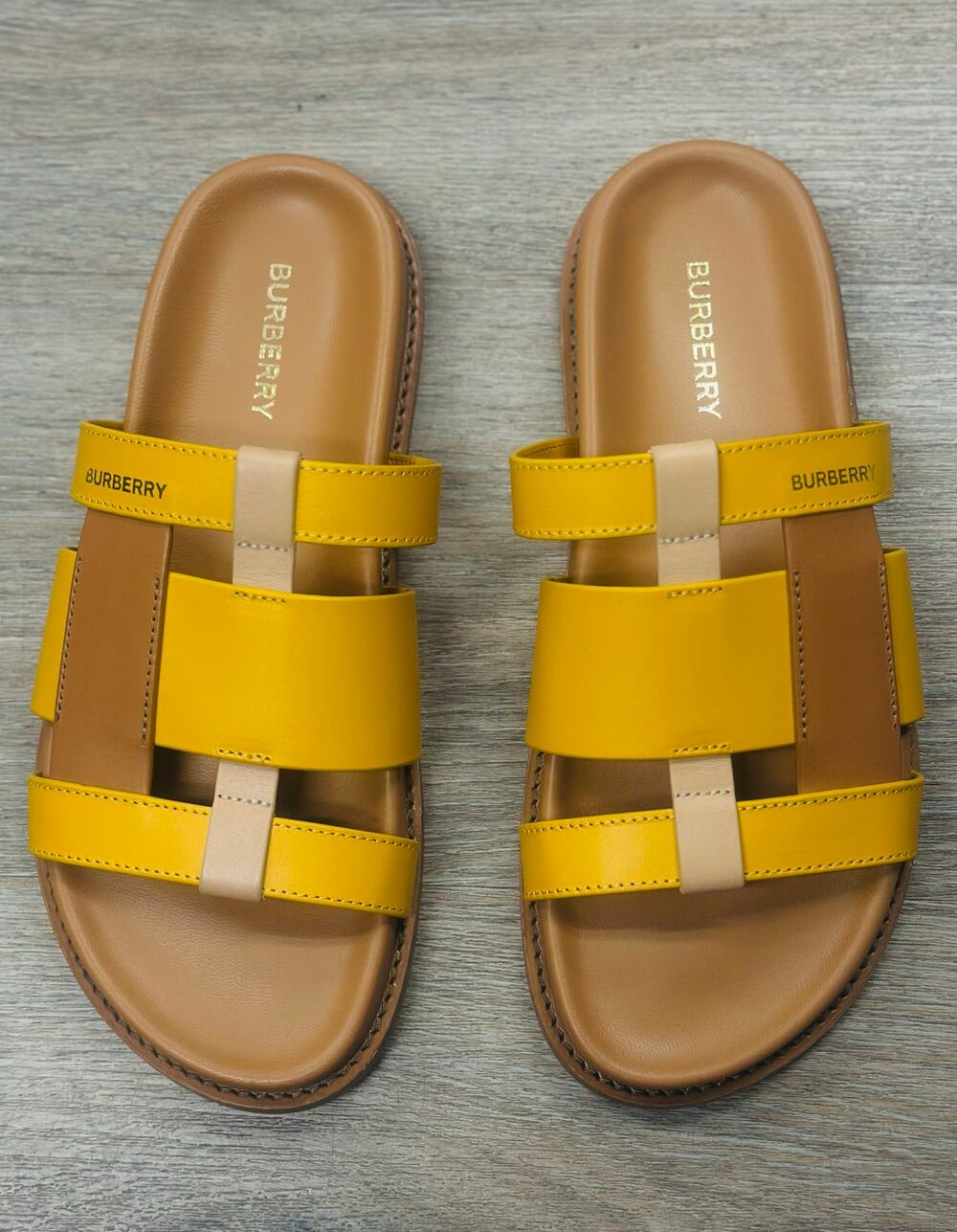 BURBERRY Yellow/Tan Thelma Color Block Leather Slides Sandals Sz. 37 MRSP $790